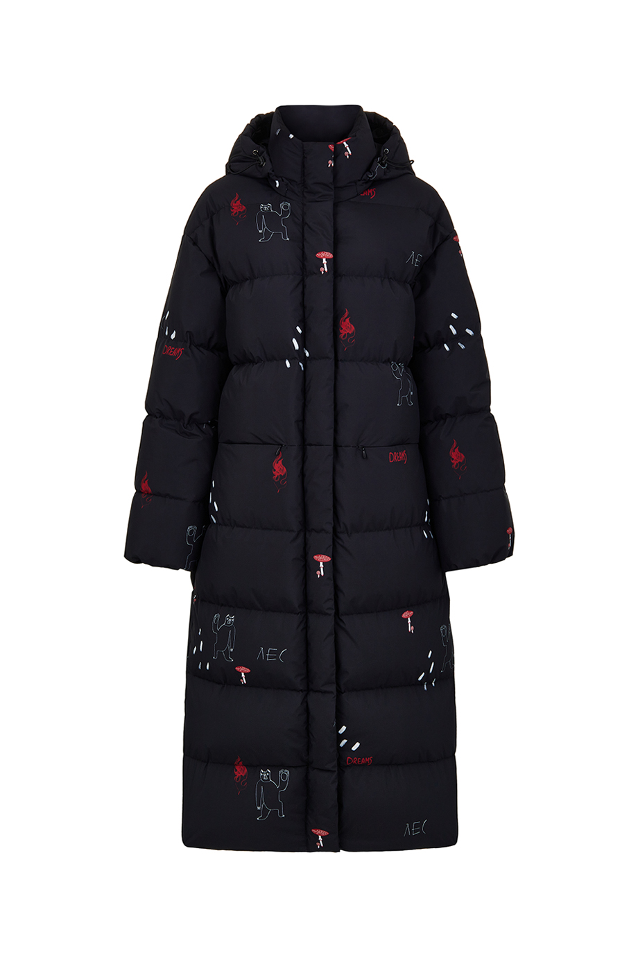 Пуховик длинный с принтом